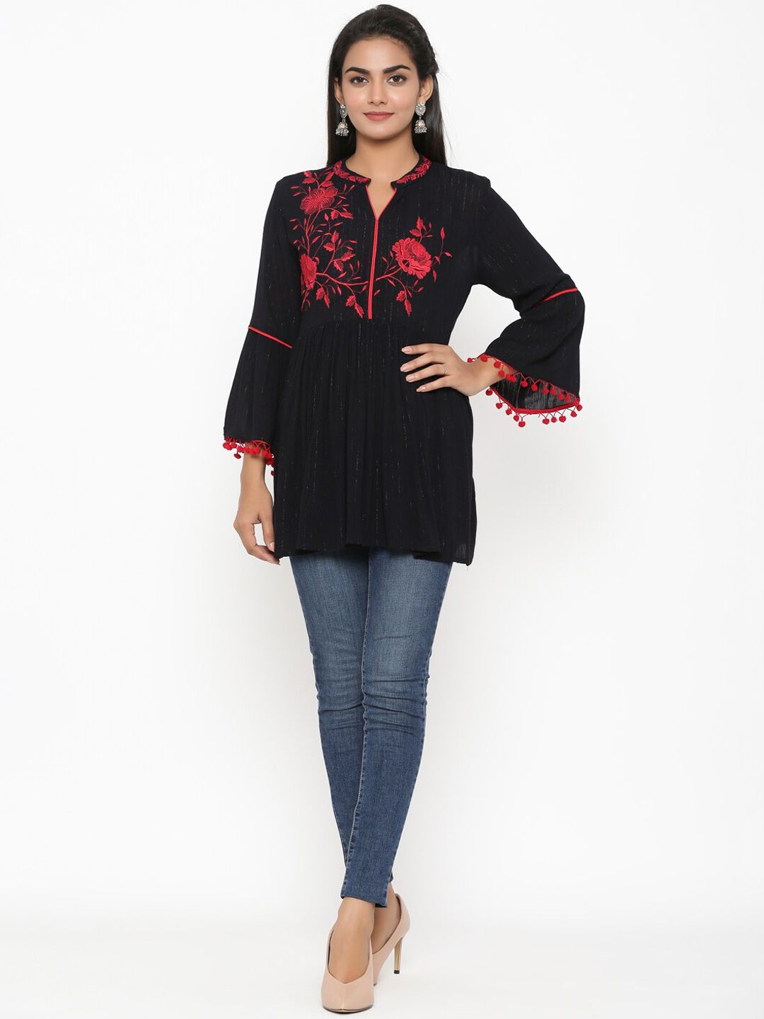 RANGMAYEE Women Black & Red Embroidered Tunic Price in India