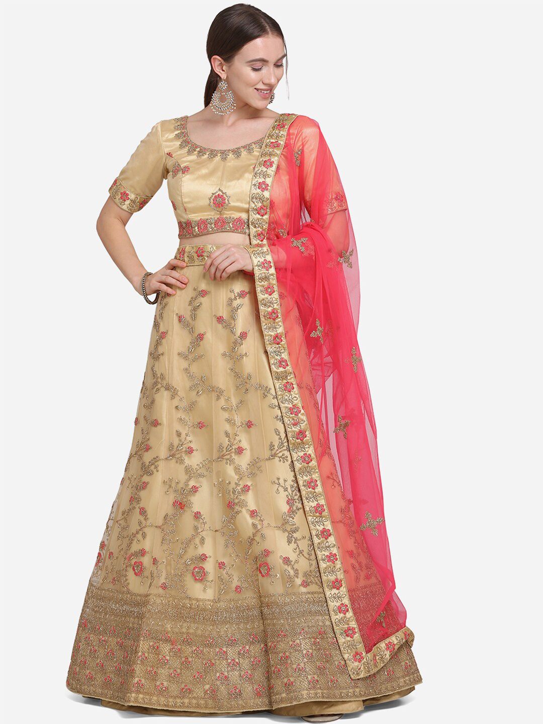 VRSALES Beige & Pink Embroidered Semi-Stitched Lehenga & Unstitched Blouse with Dupatta Price in India