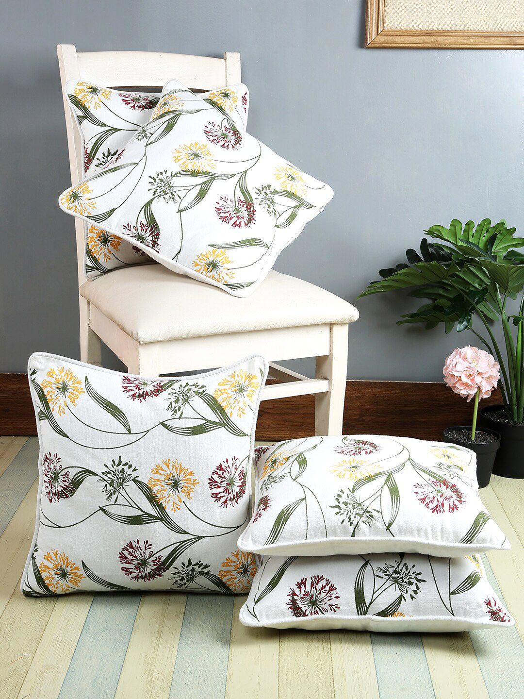Soumya Green Set of 5 Floral Square Cushion Covers Price in India