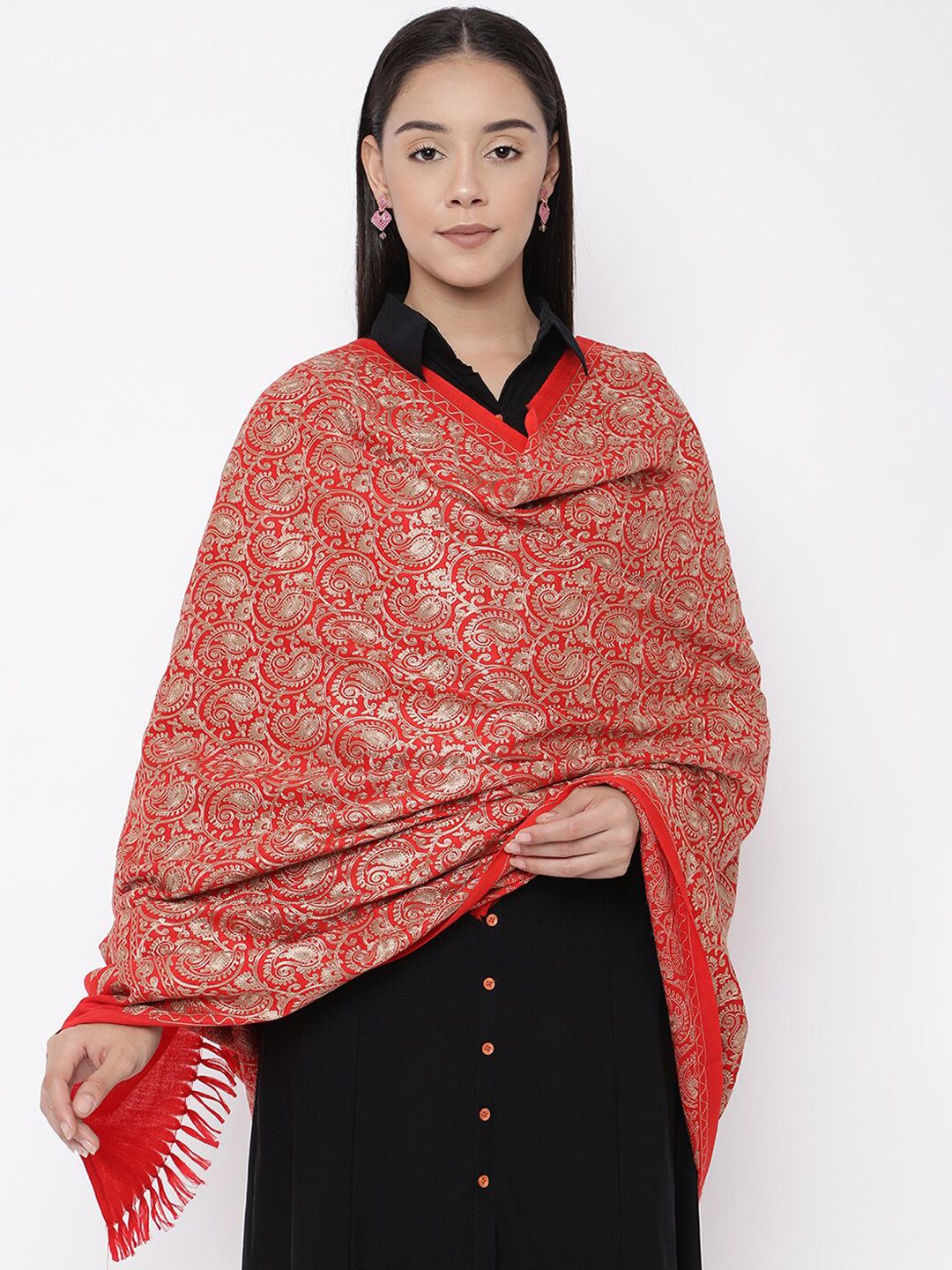 Pashmoda Women Red & Gold-Colour Aari Embroidered Pure Wool Shawl Price in India
