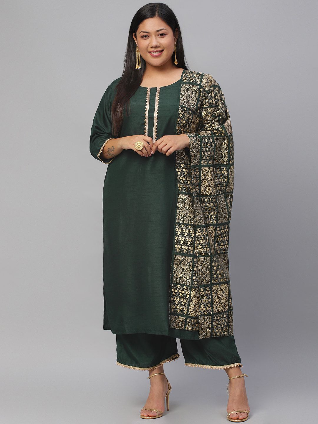 EXTRA LOVE BY LIBAS Plus Size Women Green High Slit Kurta with Palazzos & With Dupatta Price in India