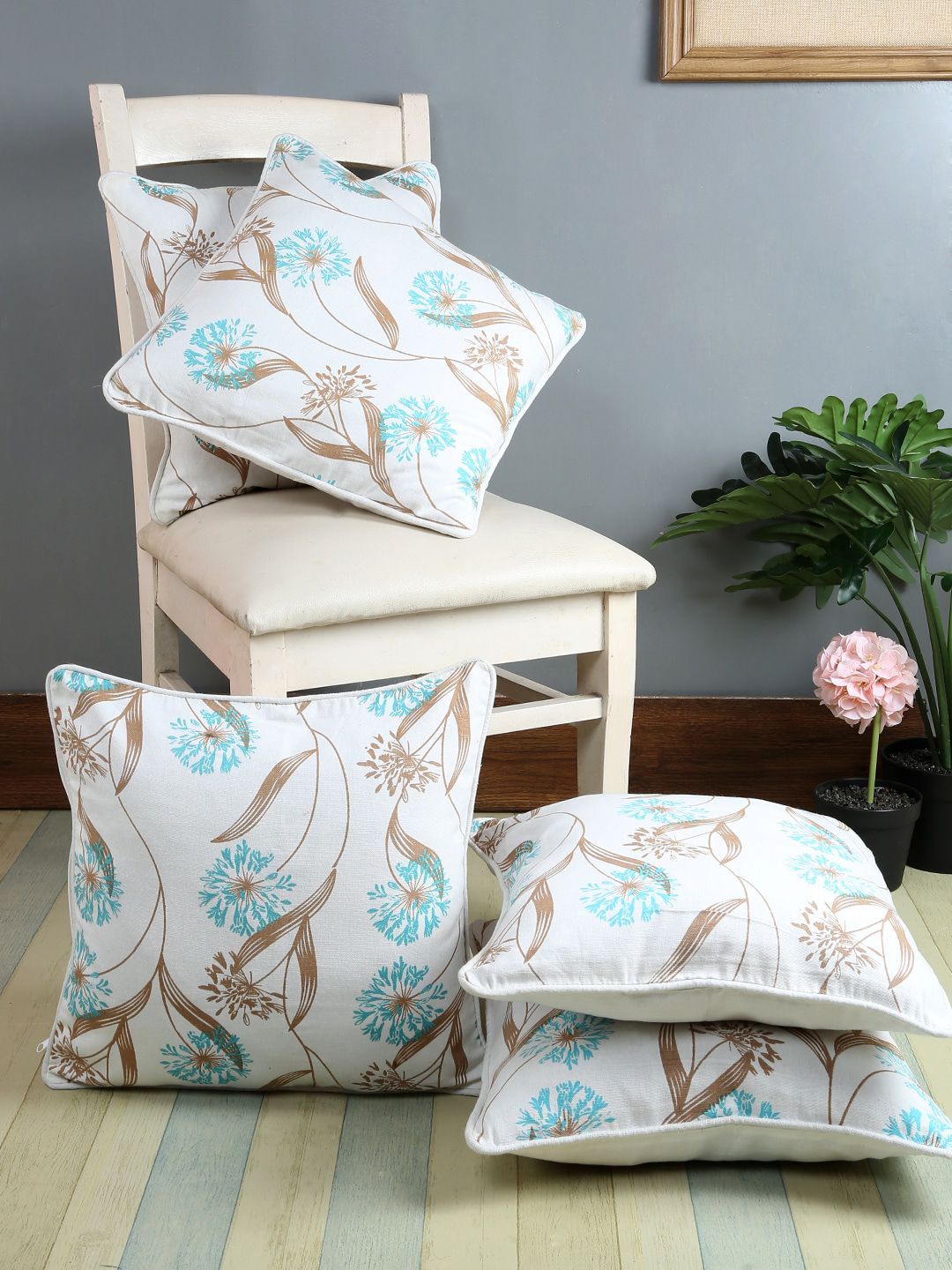 Soumya Blue & Brown Set of 5 Floral Square Cushion Covers Price in India