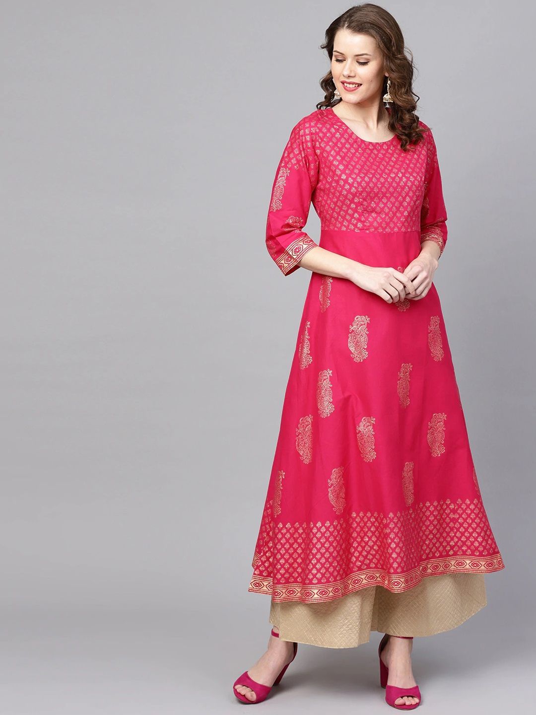 ZOEYAMS Women Pink Block Printed Anarkali Kurta Price in India