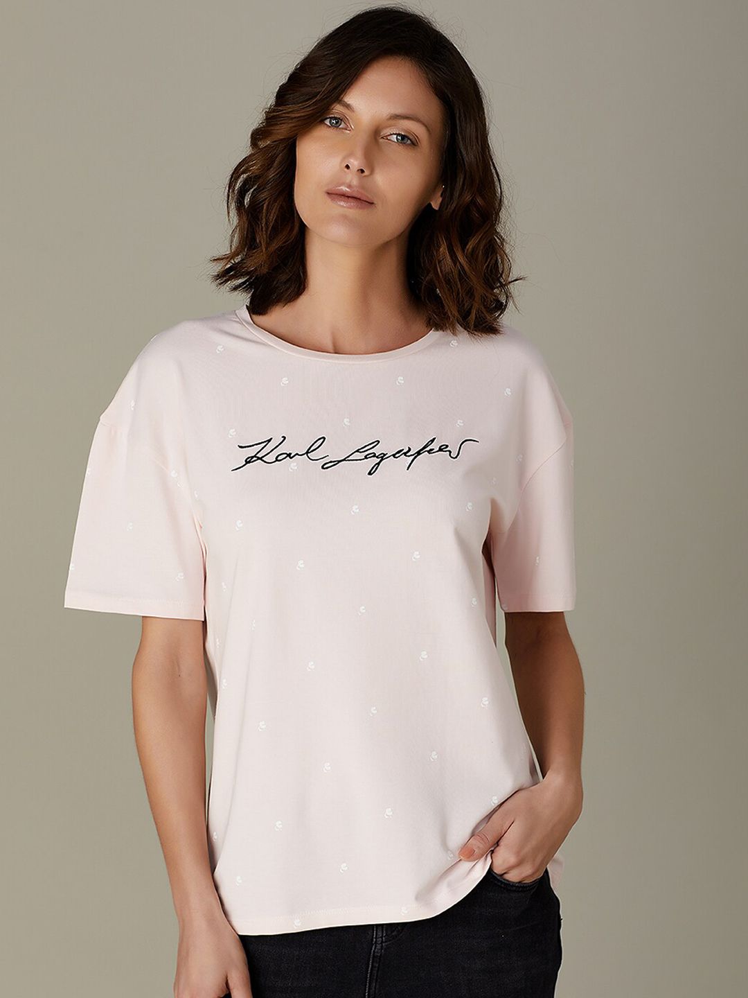 COVER STORY by KARL LAGERFELD Women Pink Printed Round Neck T-shirt