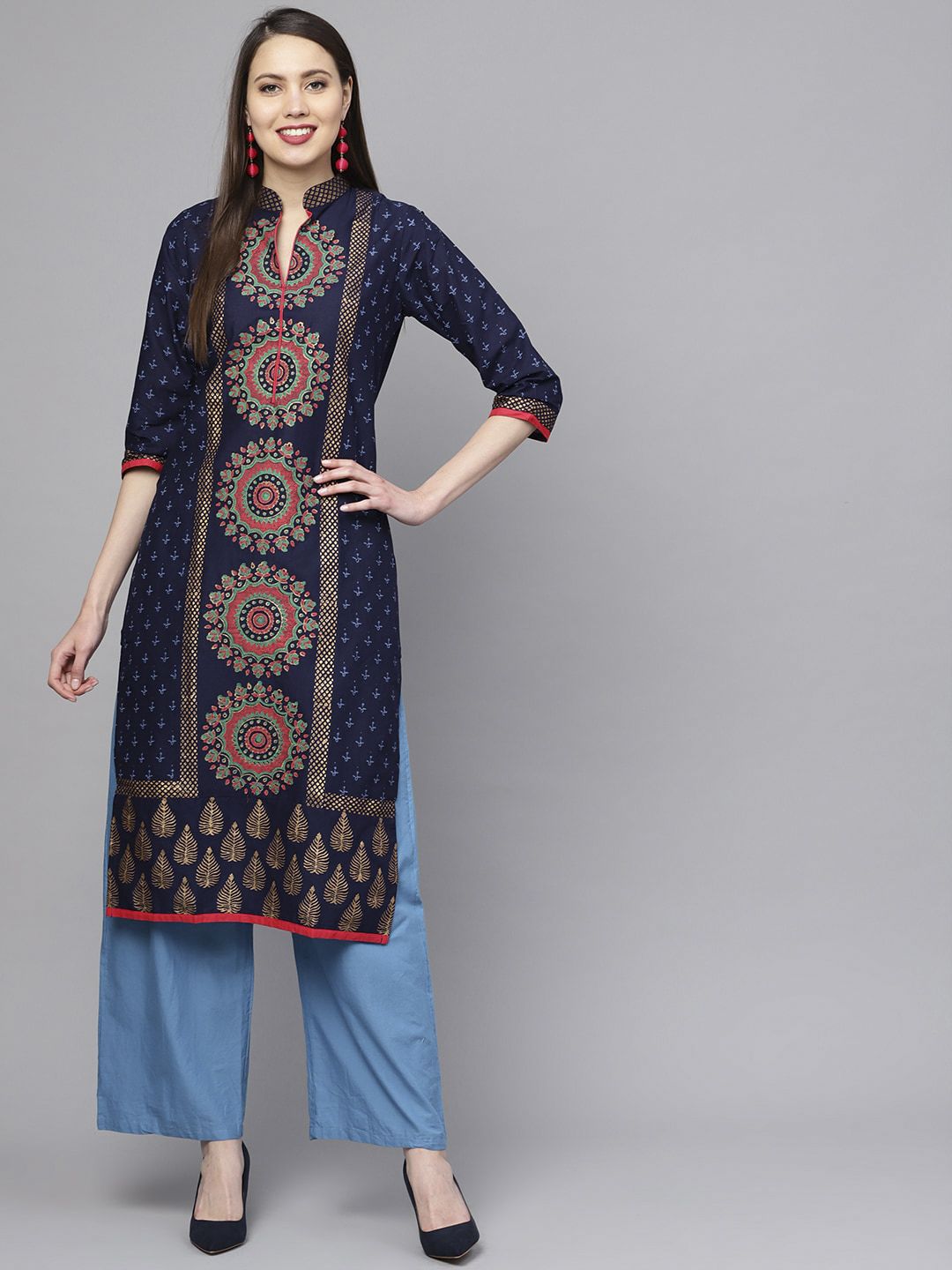 ZOEYAMS Women Navy Blue Printed Straight Kurta Price in India