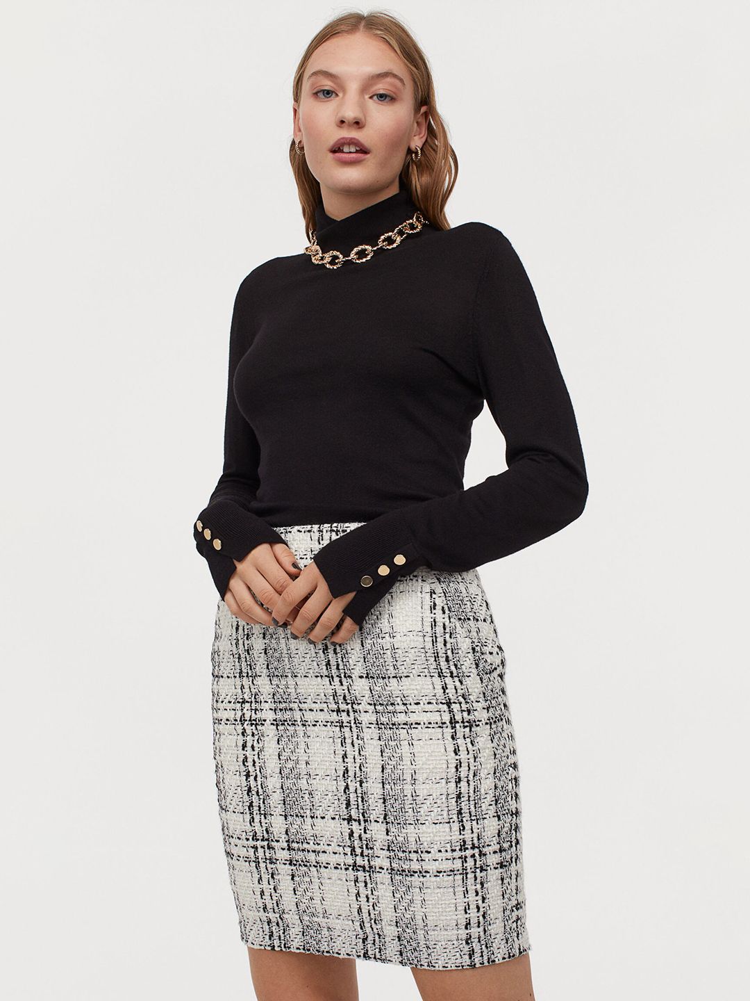 H&M Women White & Black Boucl Skirt