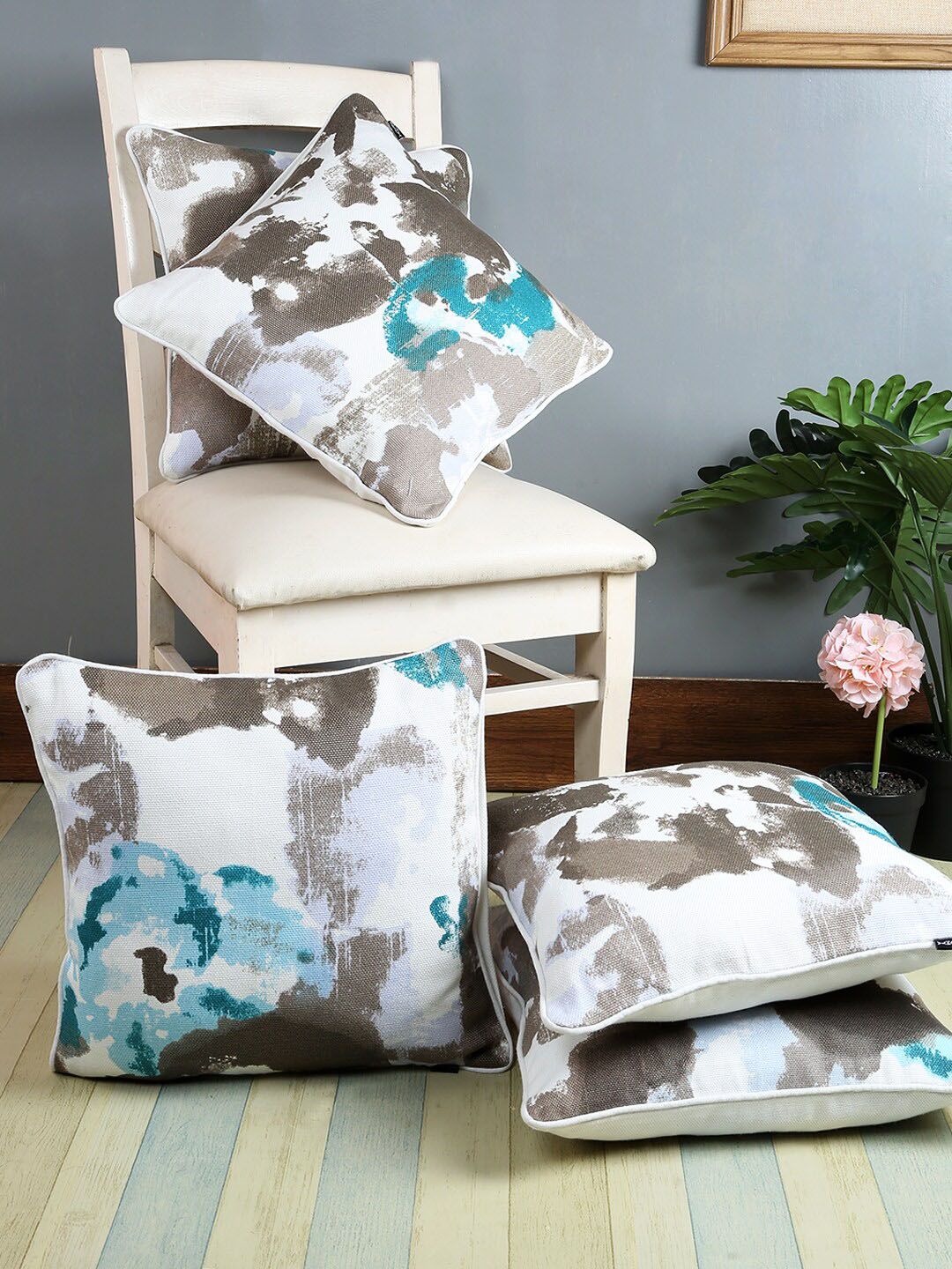 Soumya Grey & Blue Set of 5 Abstract Square Cushion Covers Price in India
