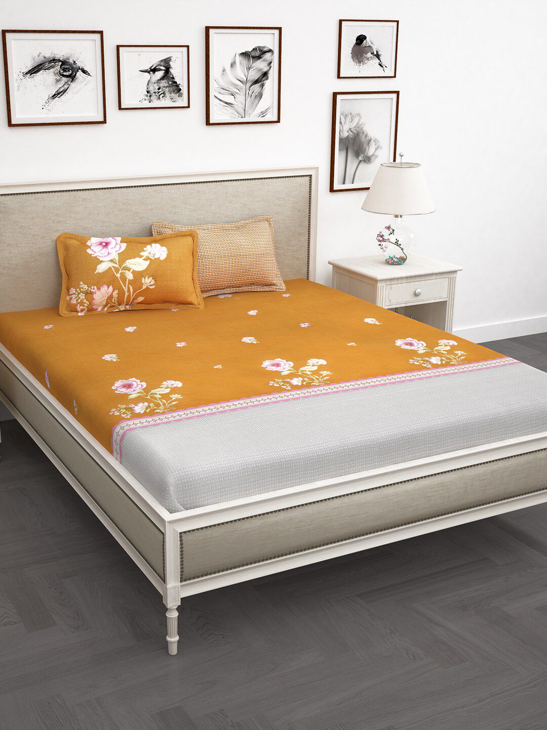 Story@home Beige & White Floral 210 TC Cotton 1 King Bedsheet with 2 Pillow Covers Price in India