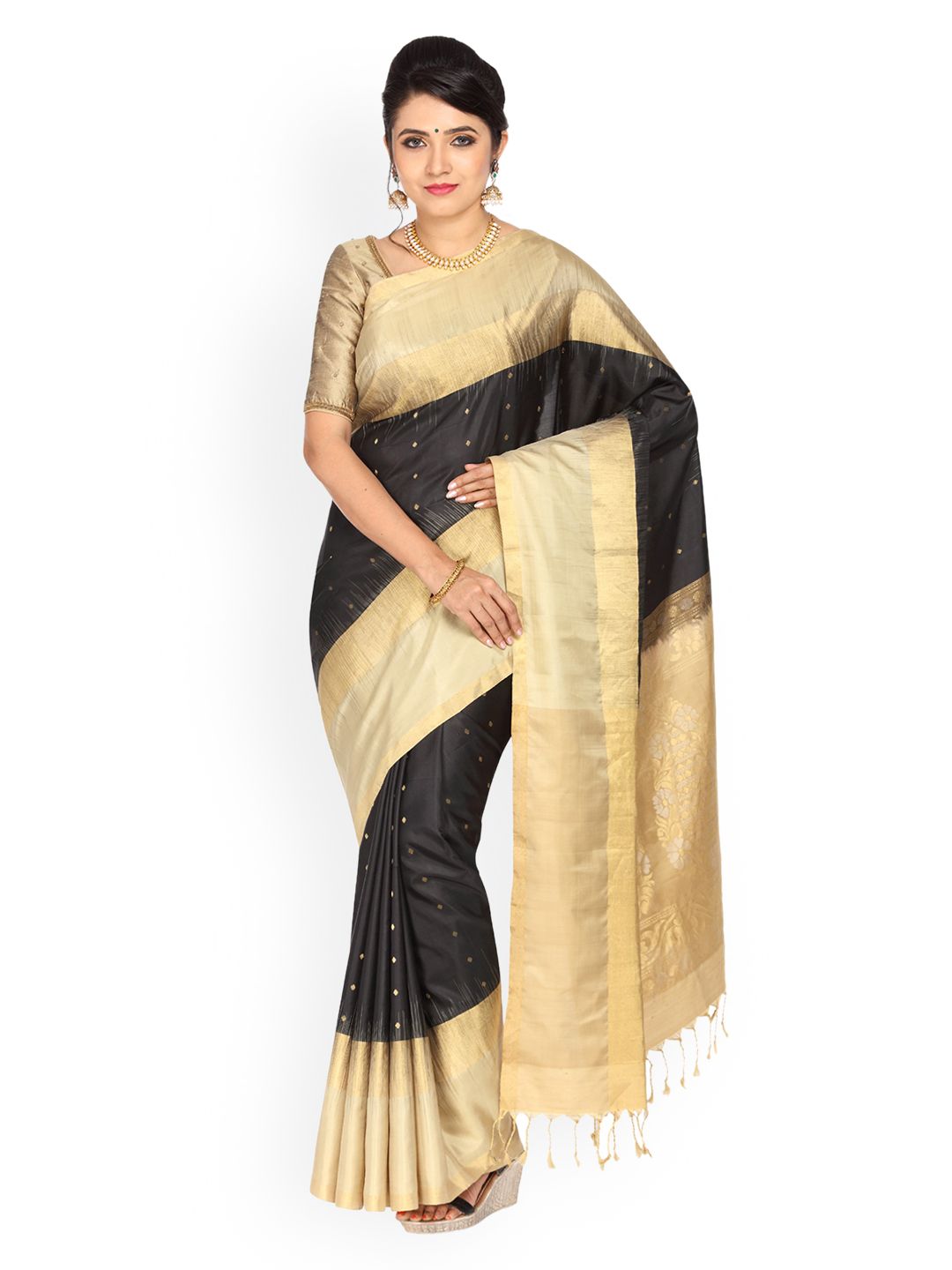 Vijayalakshmi Silks Beige & Black Pure Silk Woven Design Saree