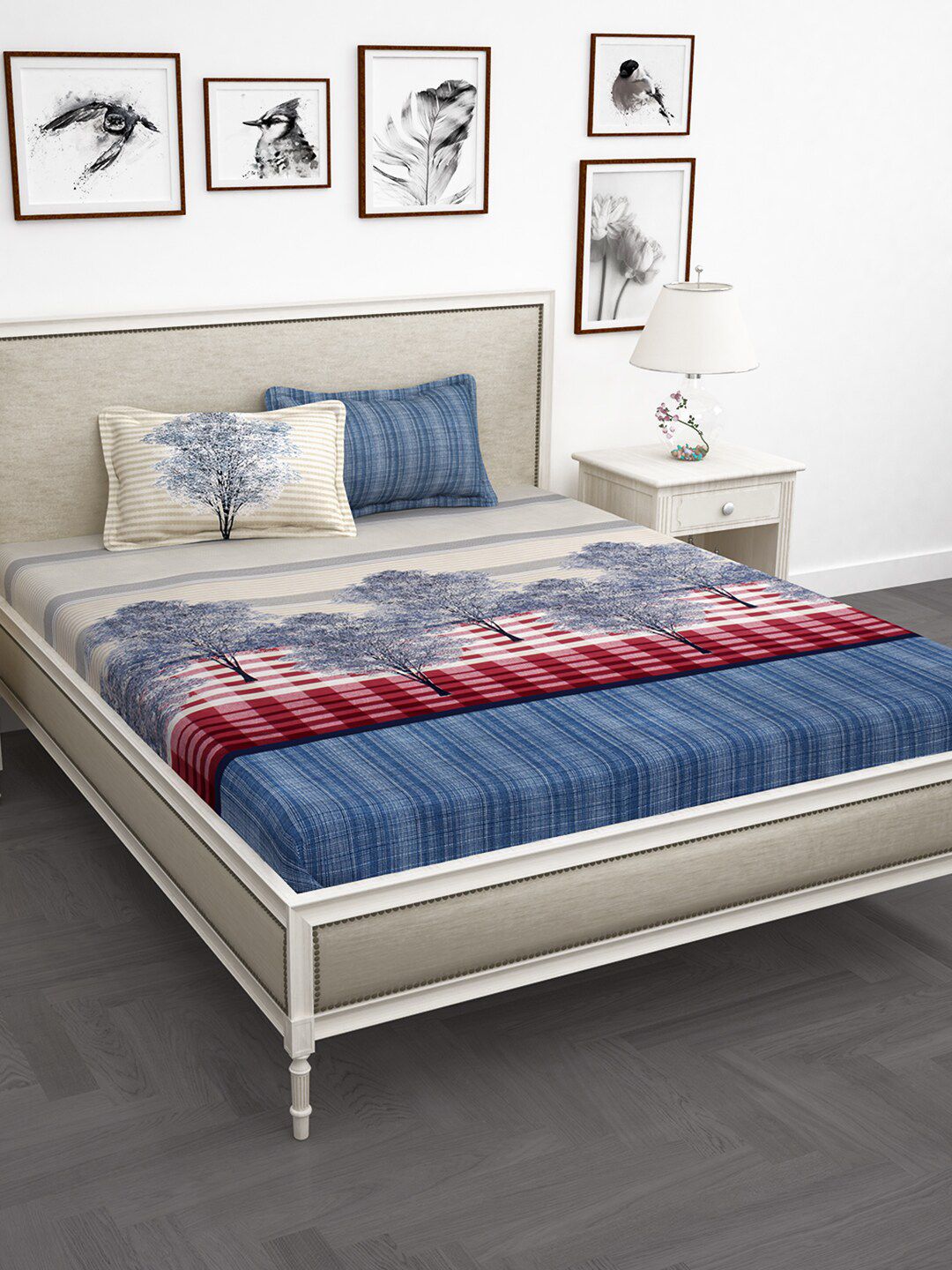 Story@home Off-White & Blue Geometric 210 TC Cotton 1 King Bedsheet with 2 Pillow Covers Price in India