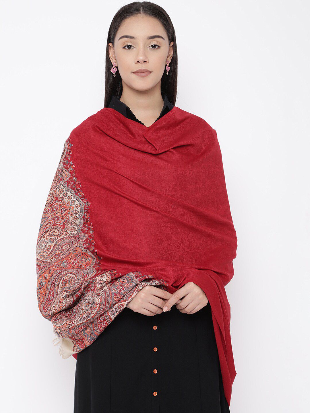 Pashmoda Women Red & Beige Woven-Design Shawl Price in India