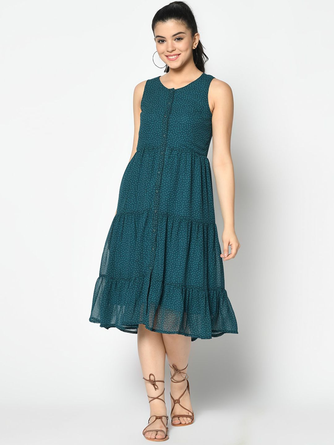SQew Women Green Solid Fit and Flare Dress