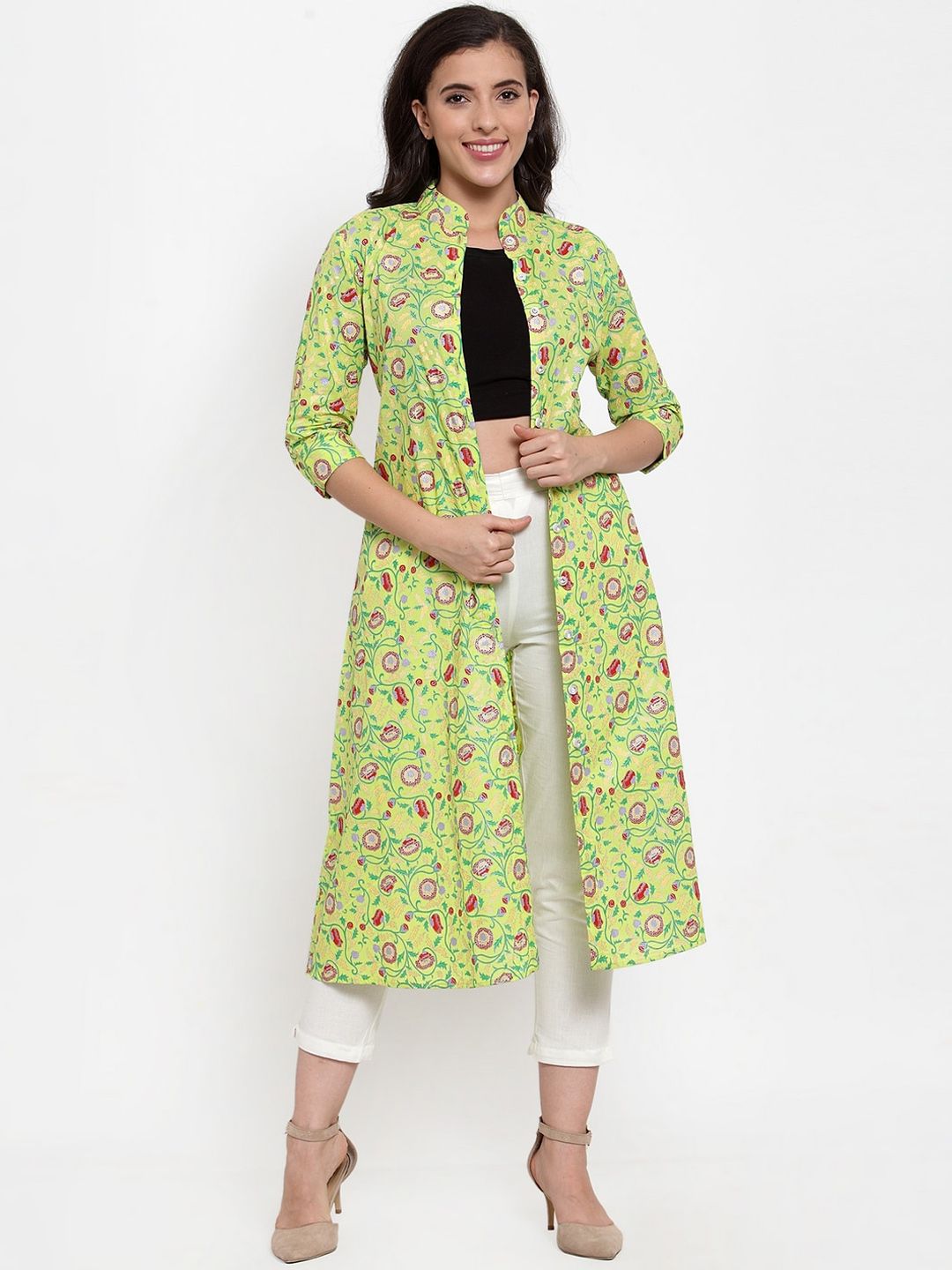 Indibelle Women Lime Green & Pink Printed Button Shrug Price in India
