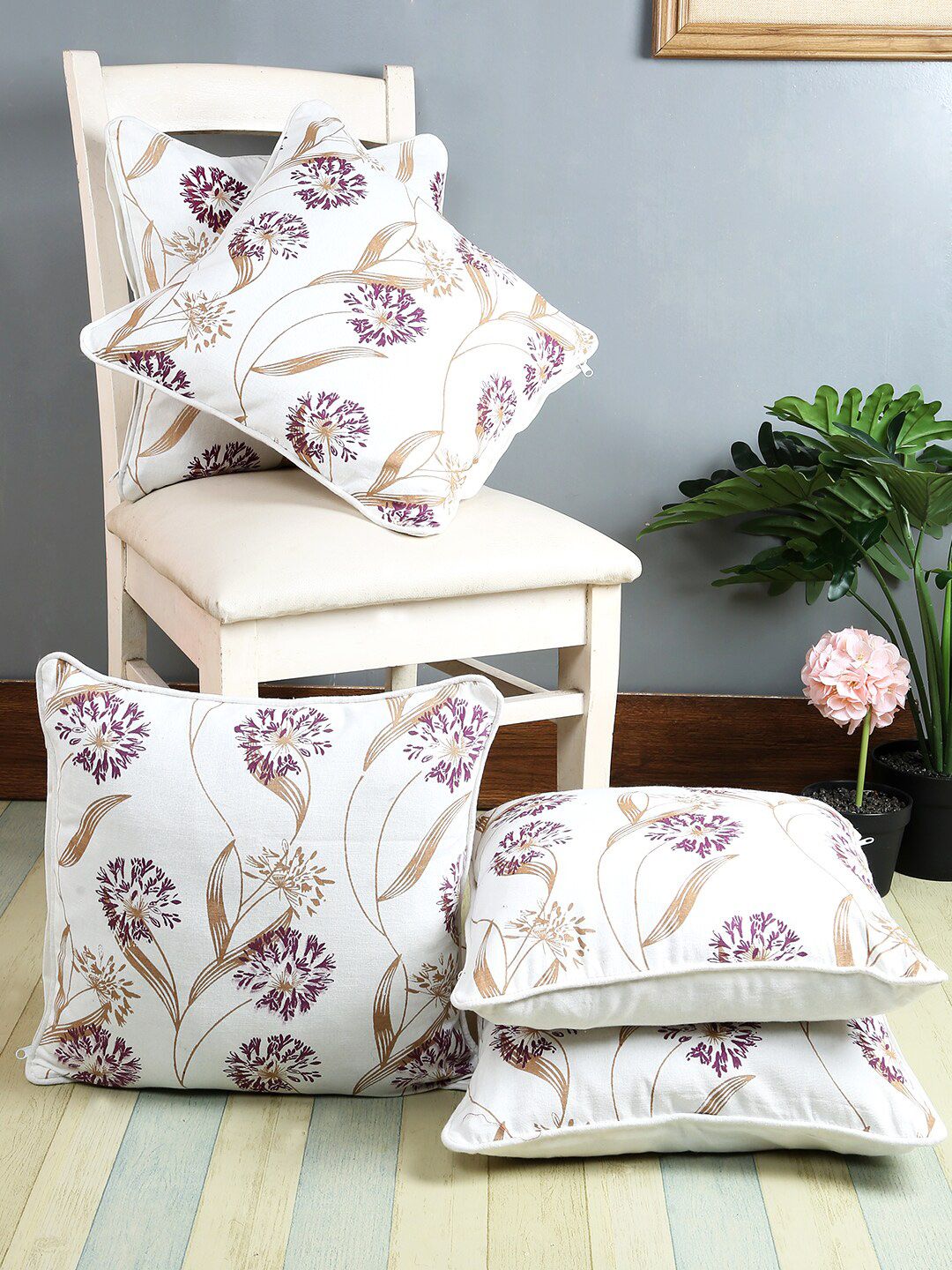 Soumya Purple & White Set of 5 Floral Square Cushion Covers Price in India