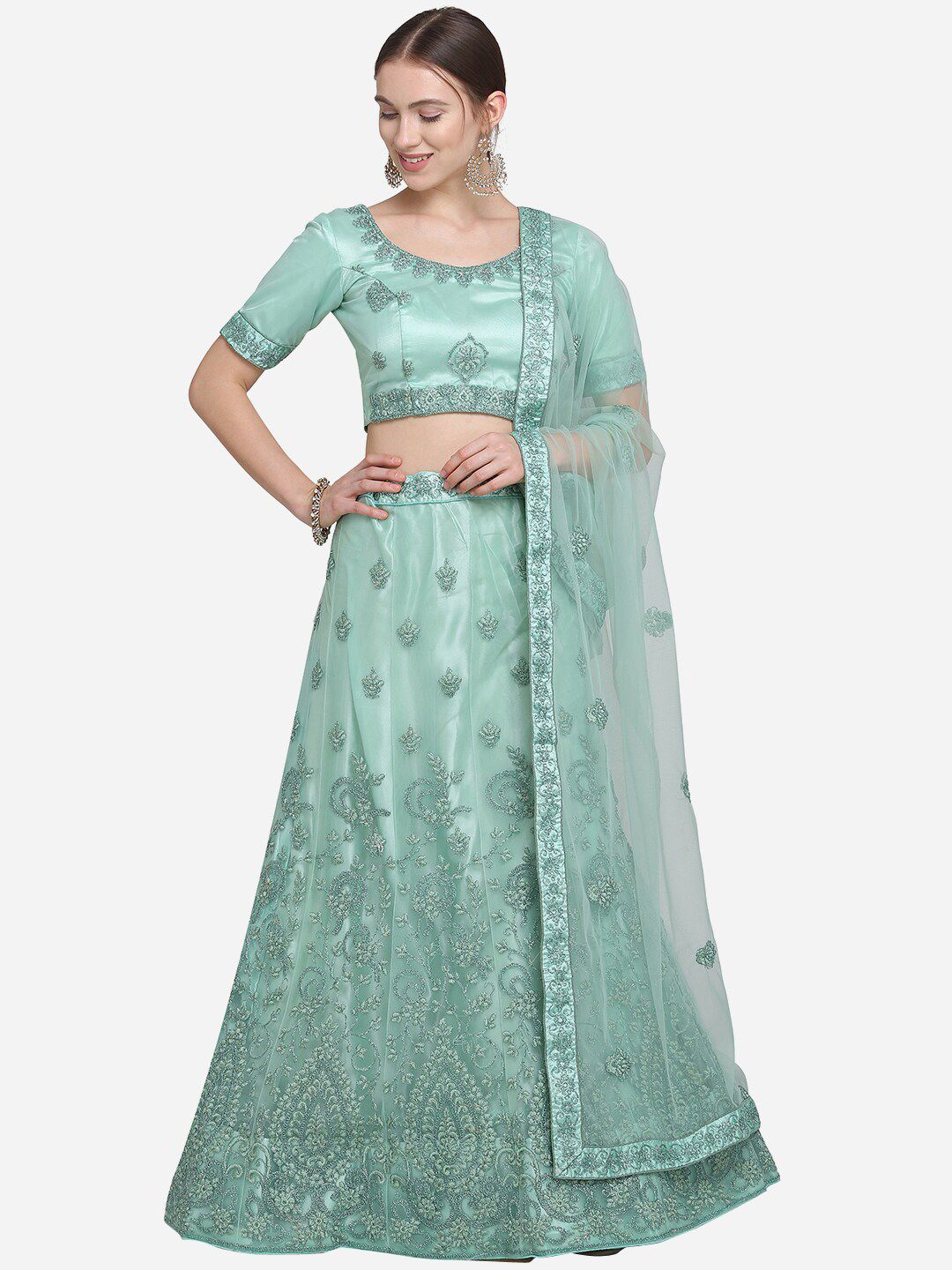 VRSALES Sea Green Semi-Stitched Lehenga & Blouse with Dupatta Price in India