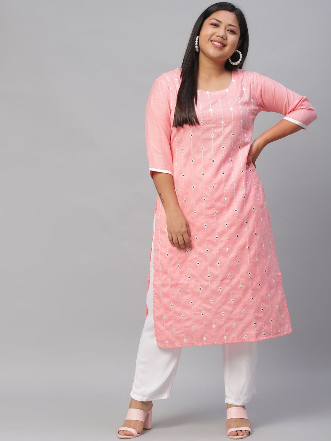 EXTRA LOVE BY LIBAS Plus Size Women Pink & White Embroidered Mirror Work Kurta