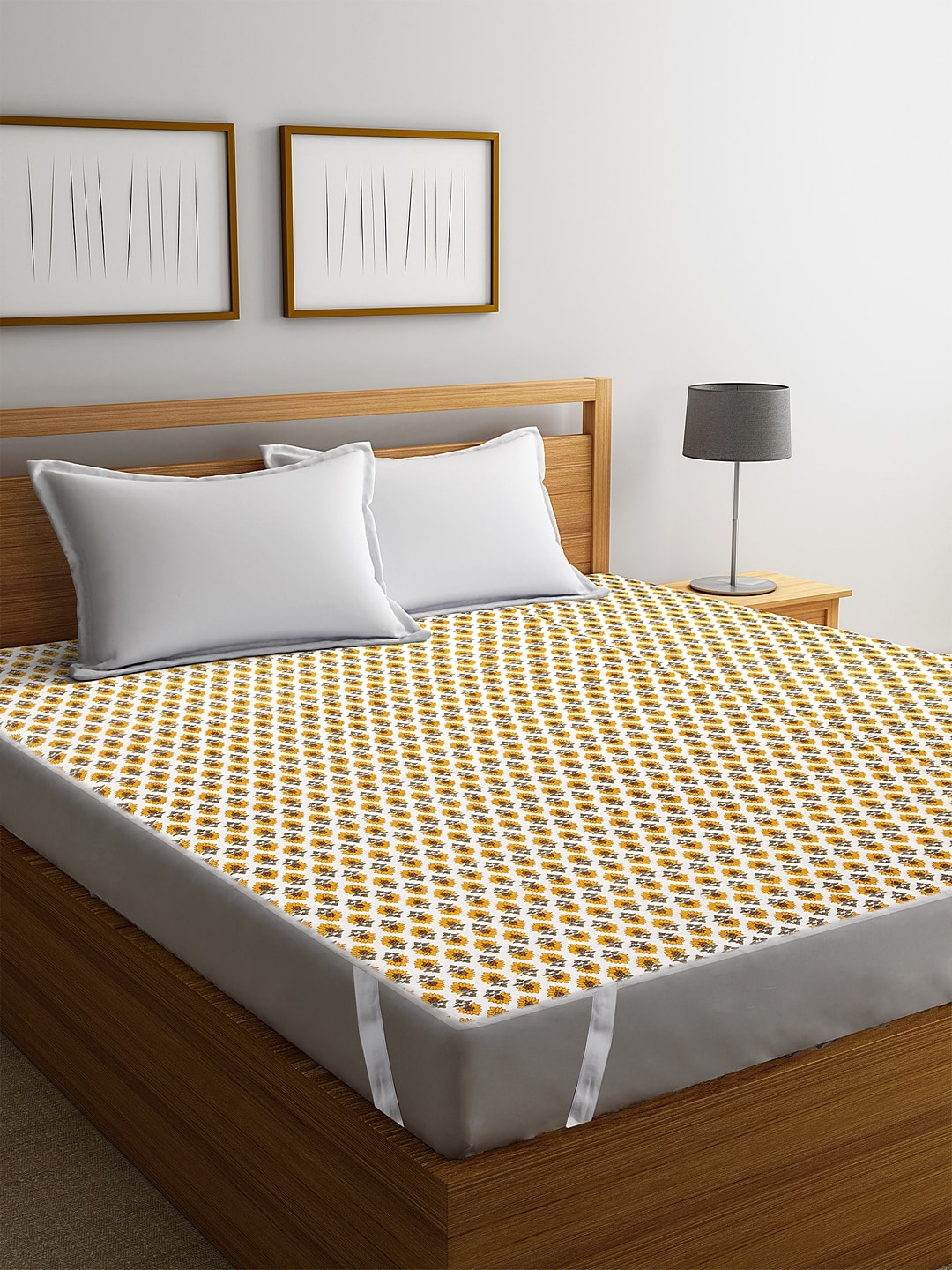 Rajasthan Decor White & Yellow Screen Printed Quilted Double Bed Mattress Protector Price in India