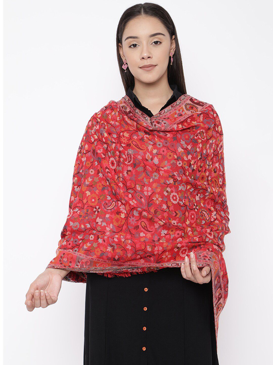 Pashmoda Women Red & Grey Woven-Design Kaani Shawl Price in India