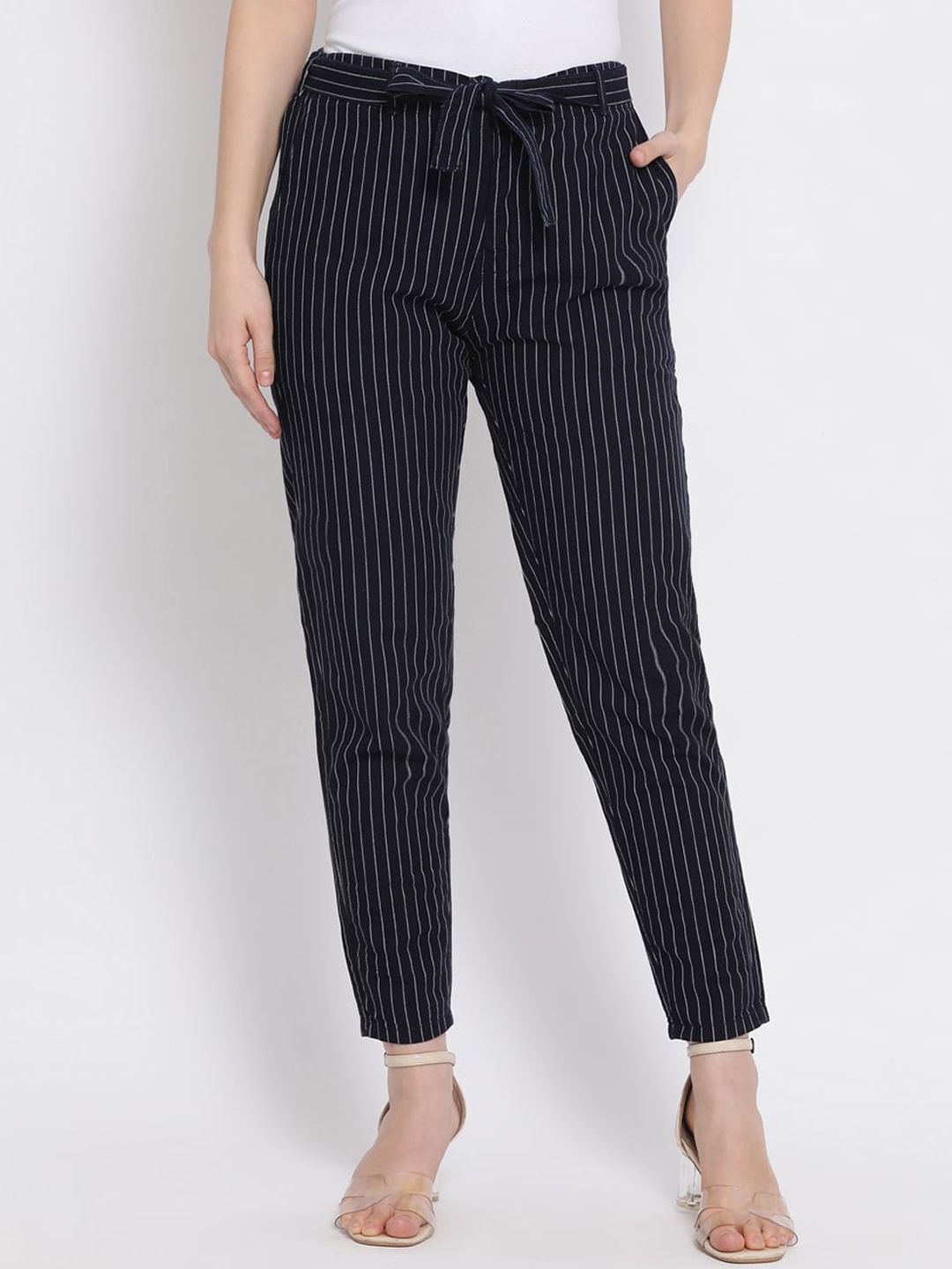 Code 61 Women Navy Blue & White JENIFER Tapered Fit Striped Regular Trousers