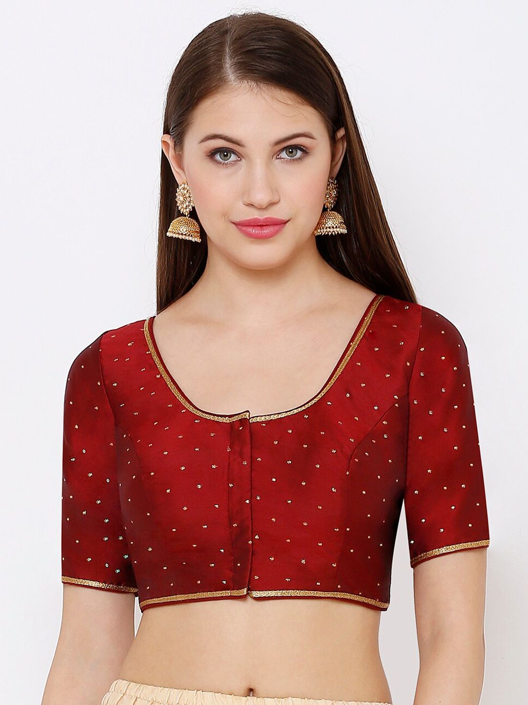 SALWAR STUDIO Women Maroon Woven Design Readymade Saree Blouse Price in India