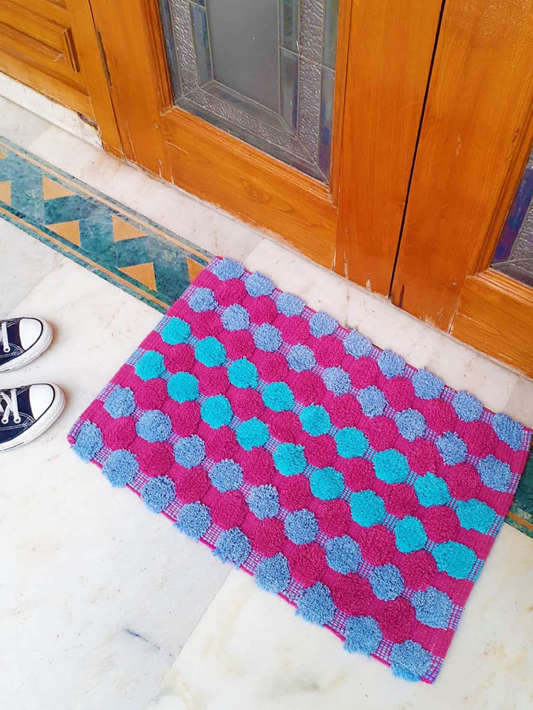 AVI Living Pink & Blue Pom-Pom Handloom Doormat Price in India