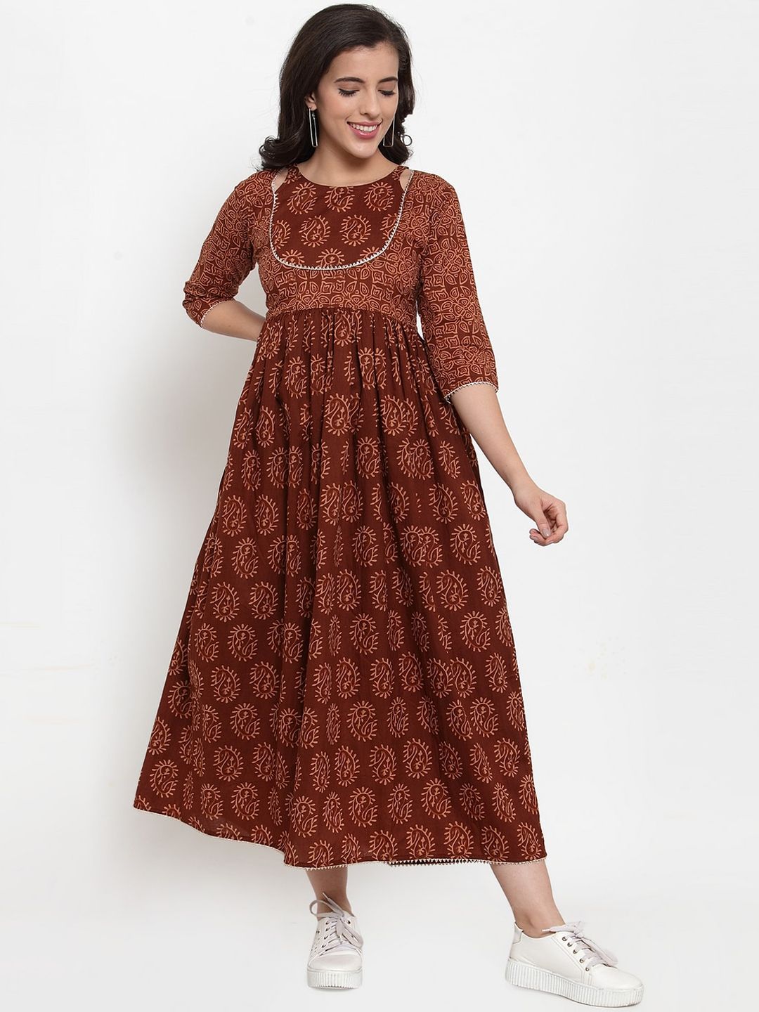 Indibelle Women Brown Printed Fit and Flare Dress Price in India