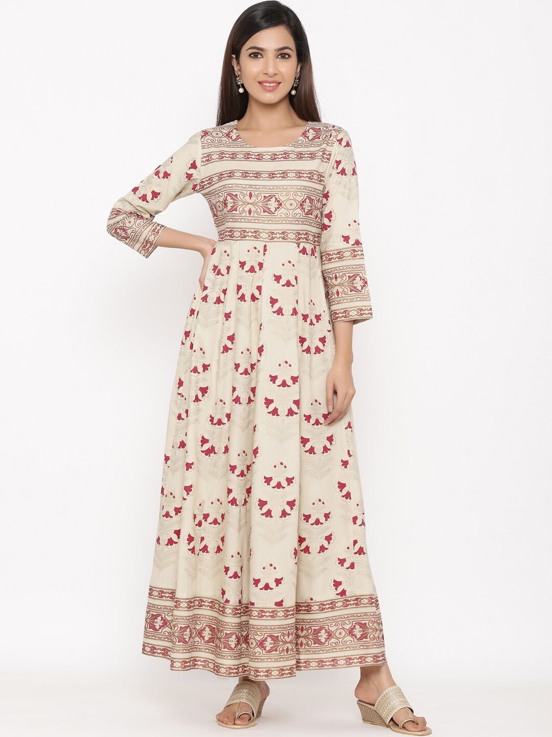 kipek Women Red & Off-White Printed Maxi Dress