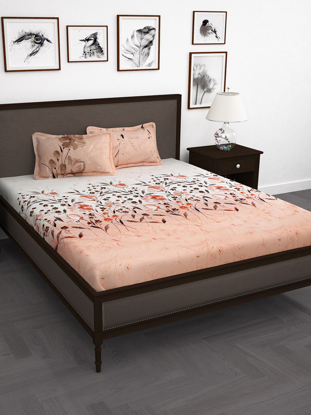 Story@home White & Peach-Coloured Floral 210 TC Cotton 1 King Bedsheet with 2 Pillow Covers Price in India