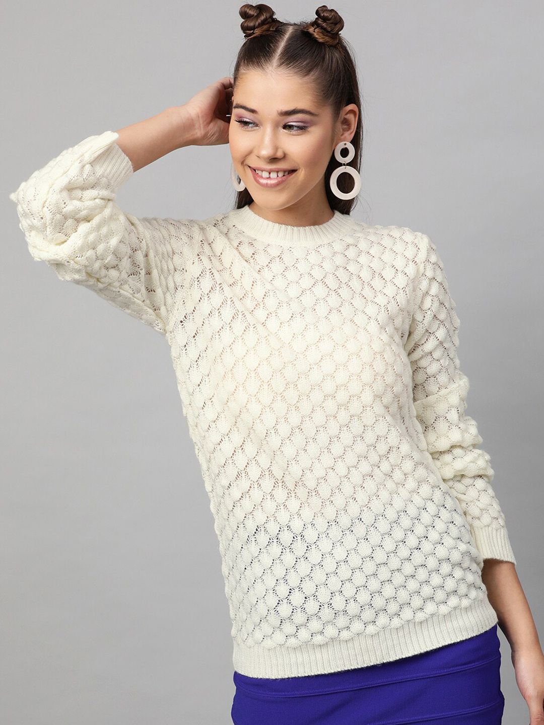 STREET 9 Women Acrylic White Self Design Pullover Sweater Price in India