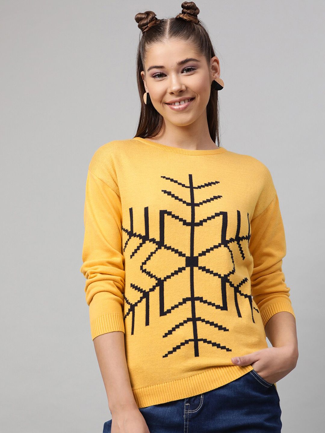 STREET 9 Women Yellow & Black Printed Pullover Sweater Price in India