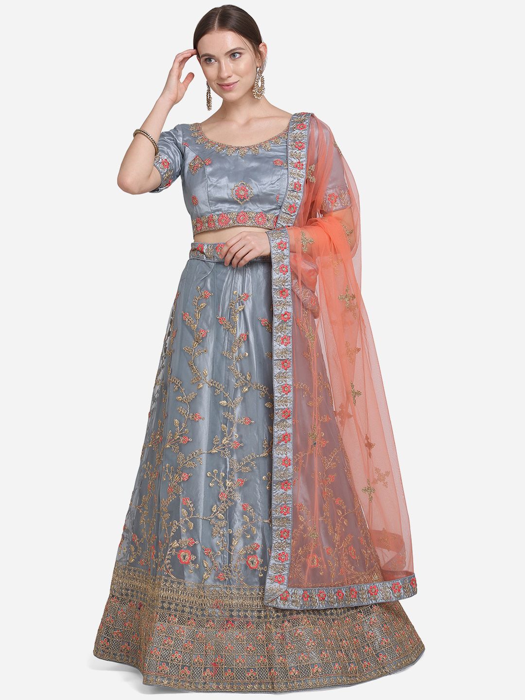 VRSALES Grey Semi-Stitched Lehenga & Blouse with Dupatta Price in India