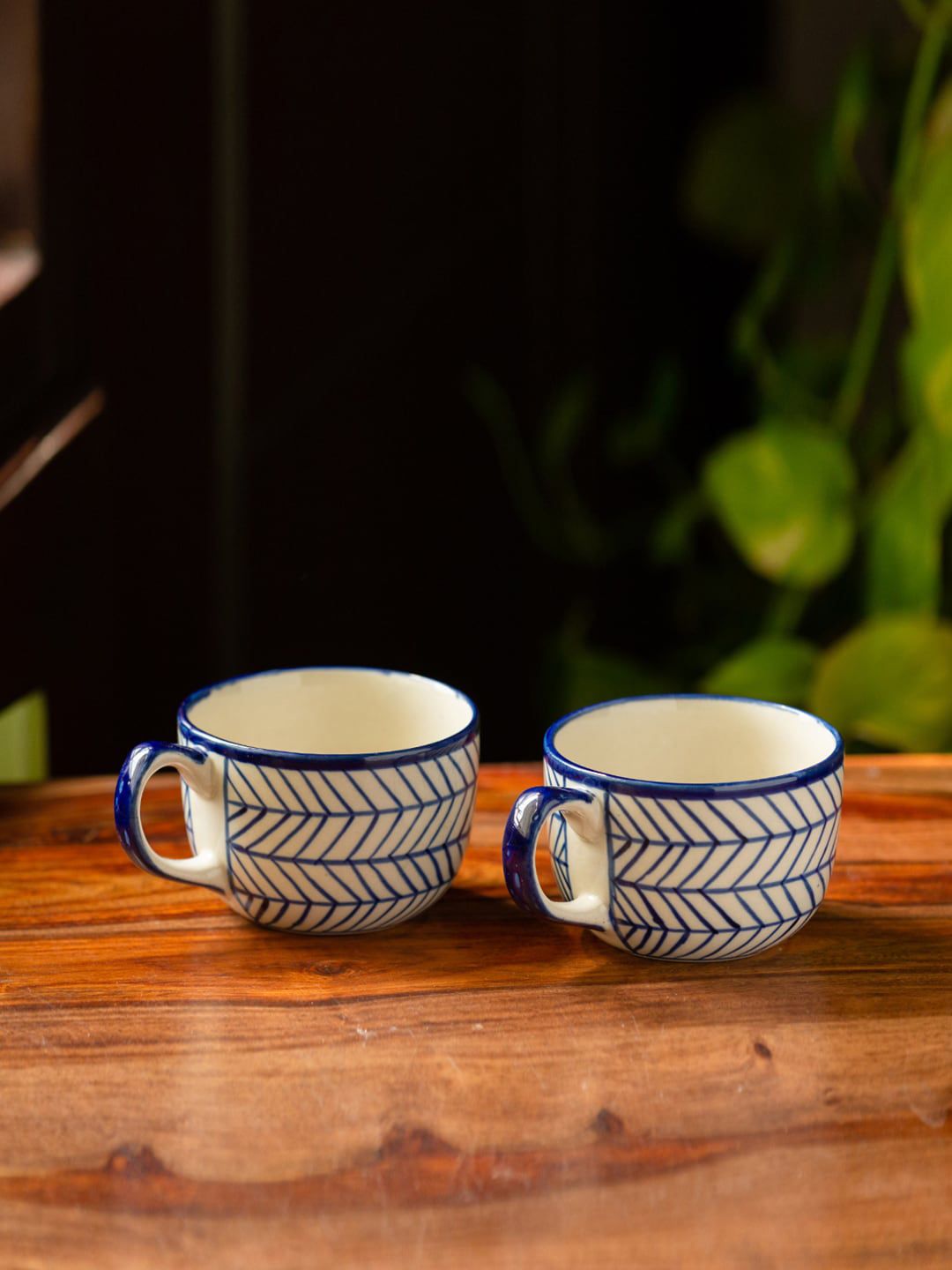 ExclusiveLane Set of 2 Blue & White Hand-Painted Ceramic Coffee & Milk Mugs Price in India