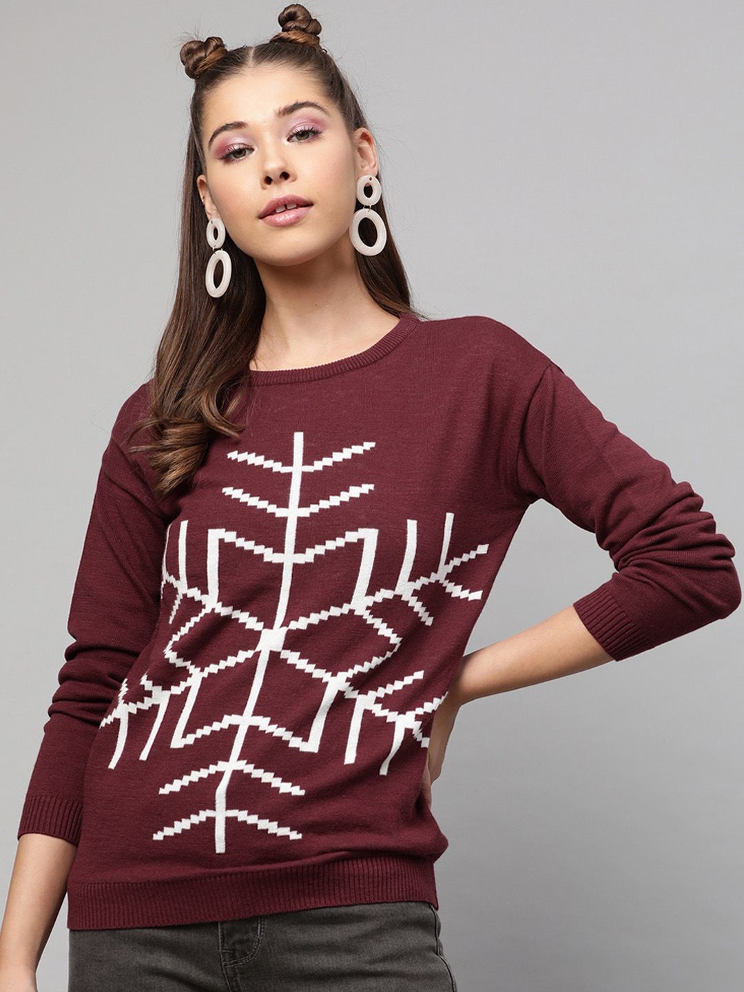 STREET 9 Women Burgundy & White Printed Pullover Sweater Price in India