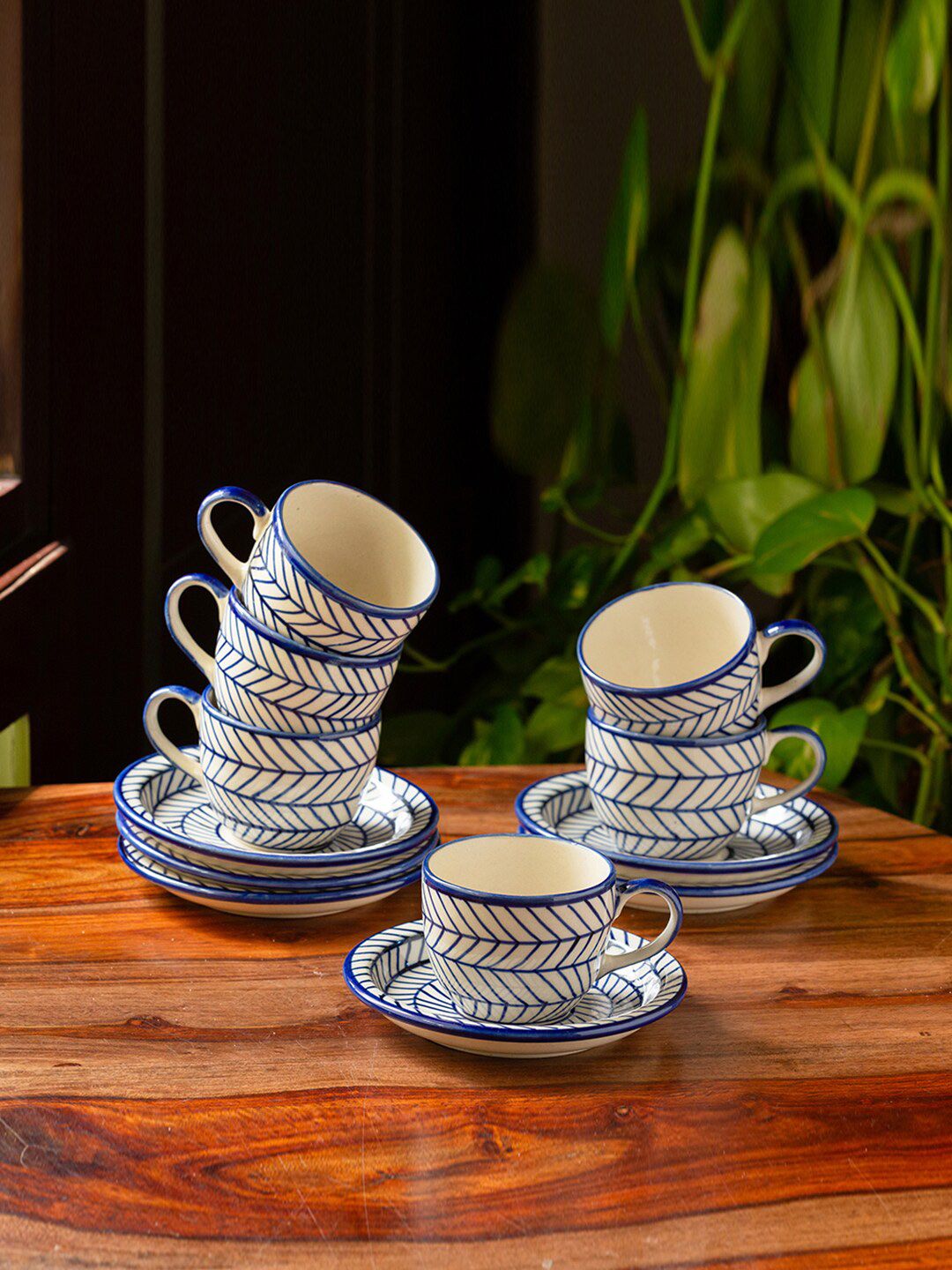 ExclusiveLane Blue & White 6 Pcs Chevron Hand-Painted Ceramic Cups & Saucers Set Price in India