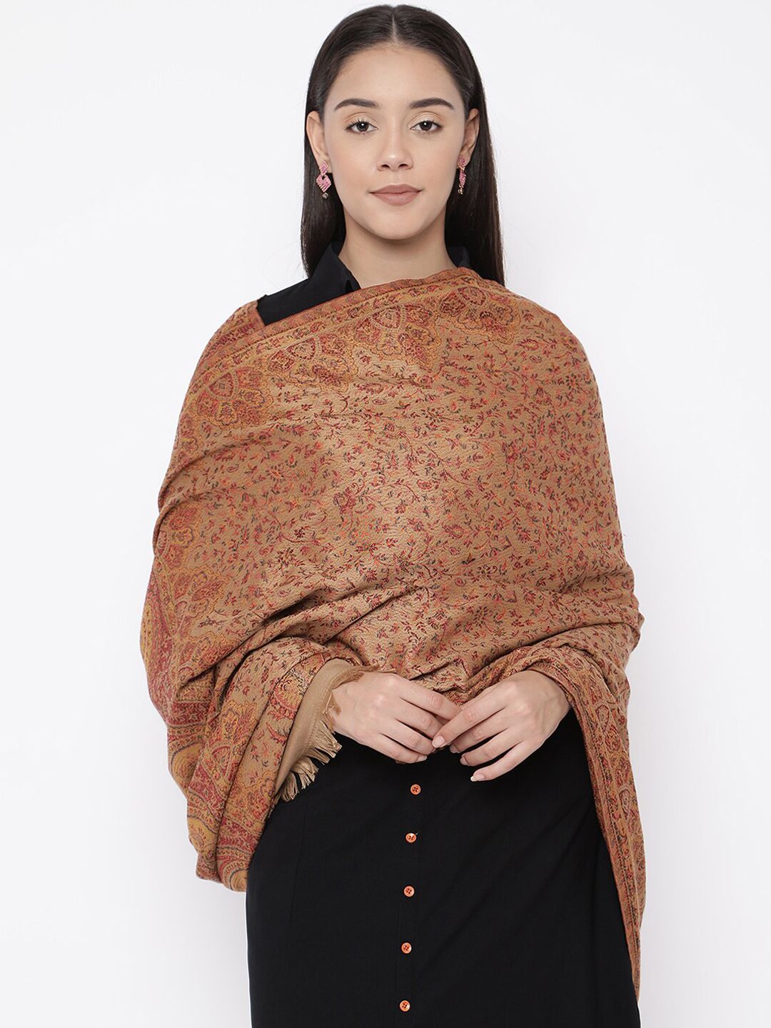 Pashmoda Women Brown & Beige Woven-Design Shawl Price in India