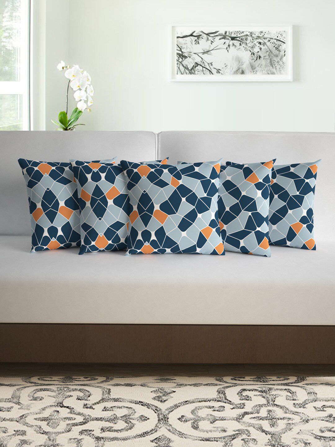 Divine Casa Blue & Orange Set of 5 Geometric Square Cushion Covers Price in India