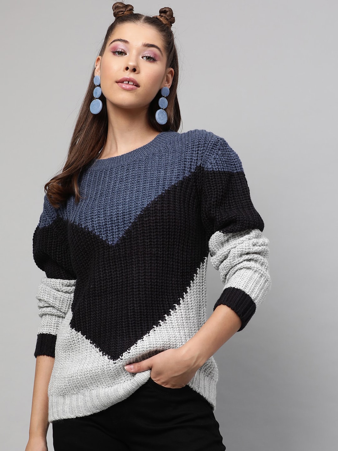 STREET 9 Women Blue & Black Colourblocked Pullover Sweater Price in India