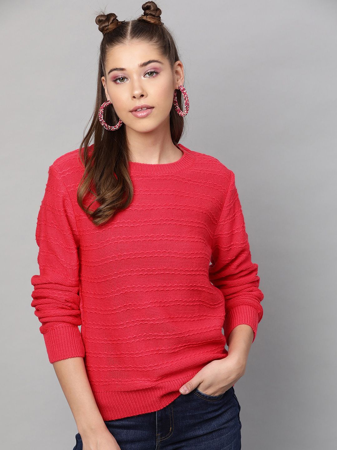 STREET 9 Women Fuchsia Ribbed Pullover Acrylic Sweater Price in India