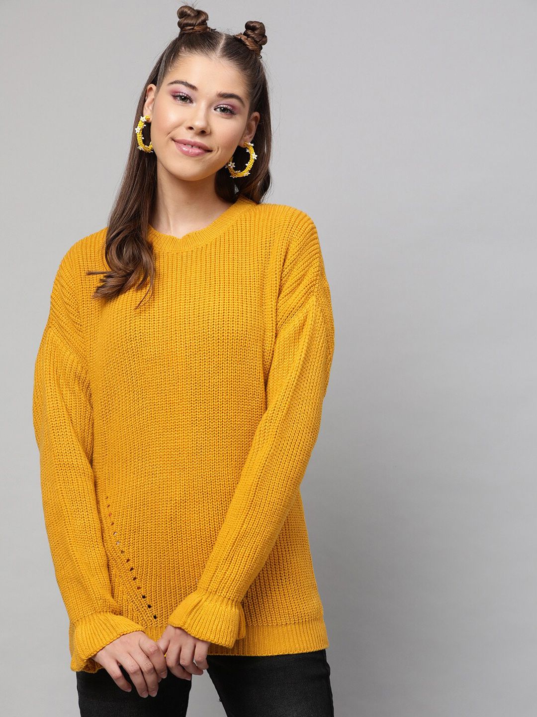 STREET 9 Women Mustard Yellow Self Design Pullover Acrylic Sweater Price in India