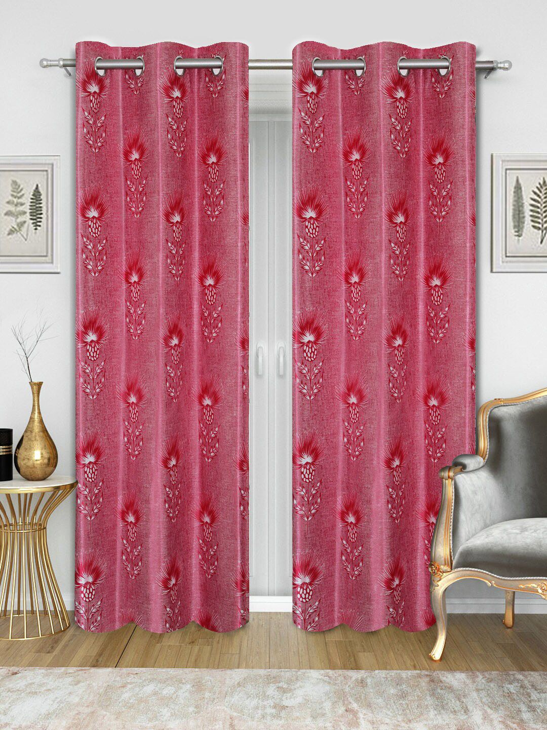Good Homes by Home Candy Red Set of 2 Long Door Floral Print Curtains