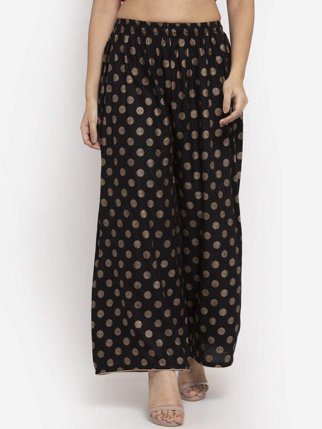 Clora Creation Women Black & Gold-Toned Polka Dot Print Wide Leg Palazzos Price in India