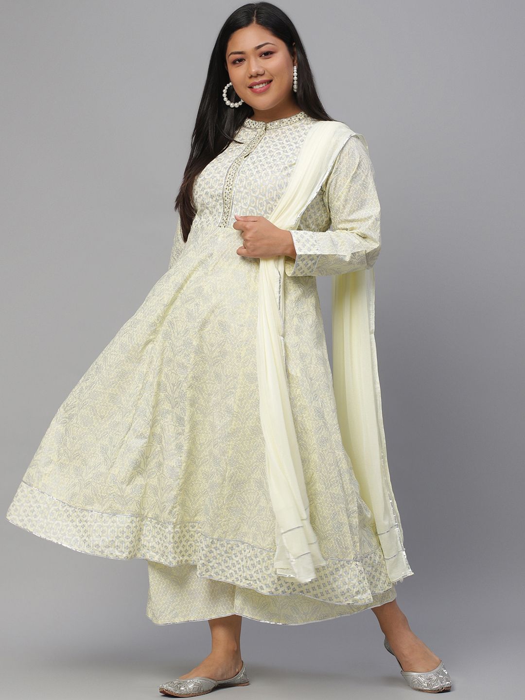 EXTRA LOVE BY LIBAS Women Yellow Floral Printed Empire Pure Cotton Kurta with Palazzos & With Dupatta Price in India