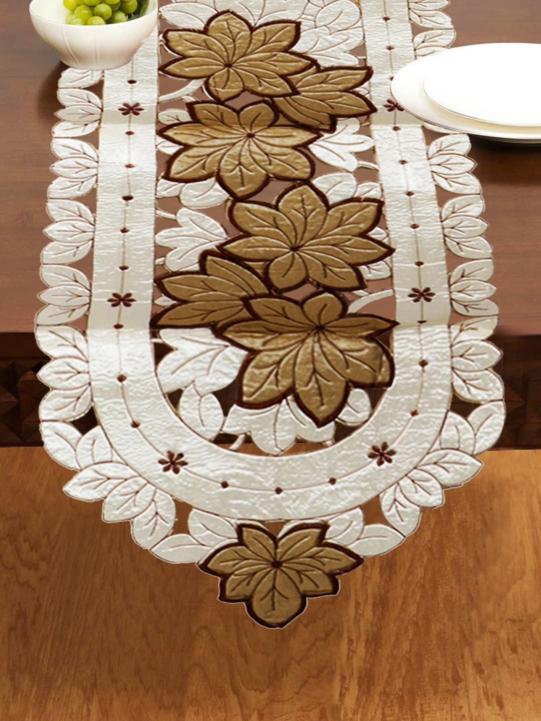 Kuber Industries Cream-Coloured & Gold-Coloured Floral Printed Dining Table Runner Price in India