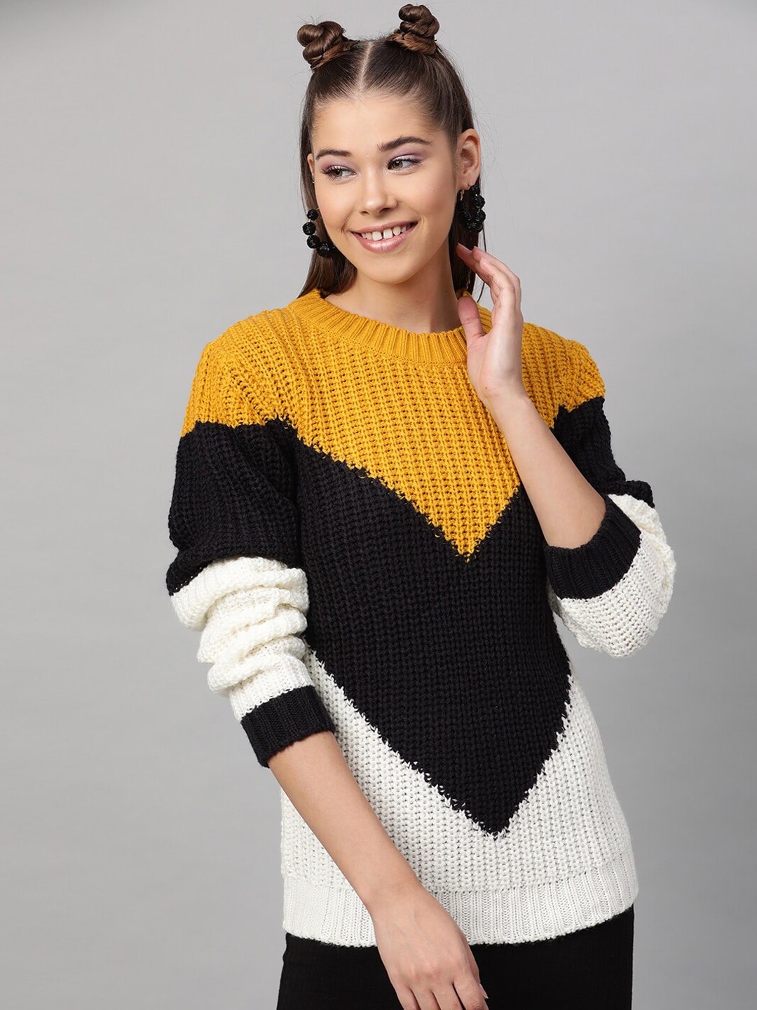 STREET 9 Women Yellow & Black Colourblocked Pullover Acrylic Sweater Price in India