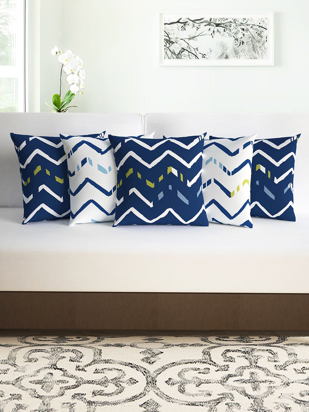 Divine Casa Navy Blue & White Set of 5 Abstract Square Cushion Covers Price in India