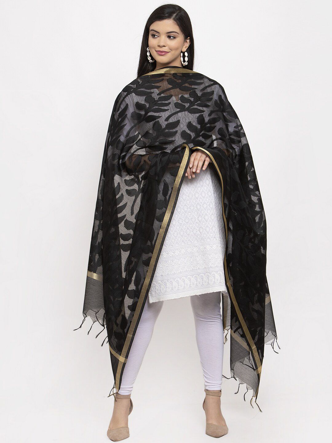LOOM LEGACY Black Woven Design Dupatta Price in India
