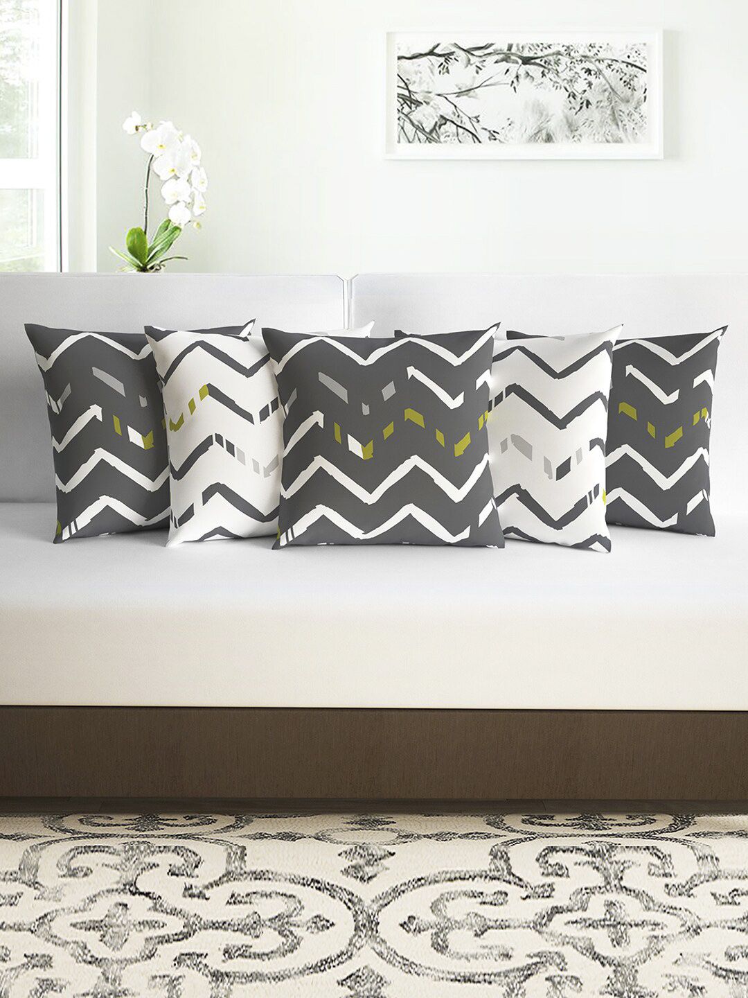 Divine Casa Grey & White Set of 5 Abstract Square Cushion Covers Price in India