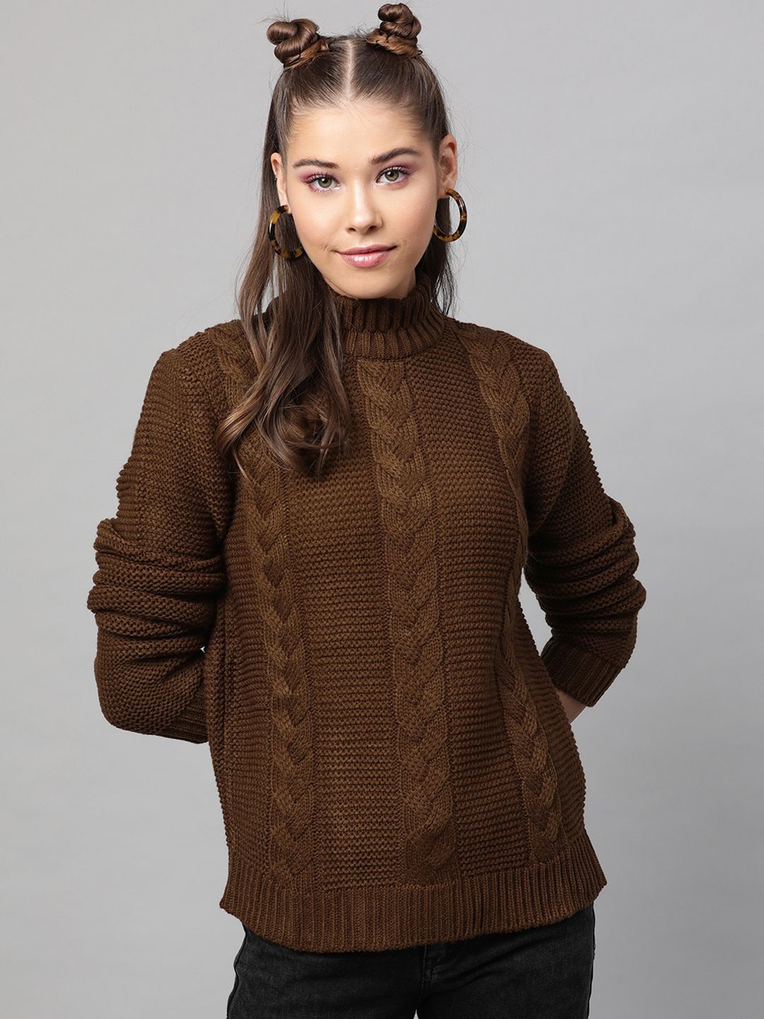 STREET 9 Women Coffee Brown Self Design Pullover Sweater Price in India