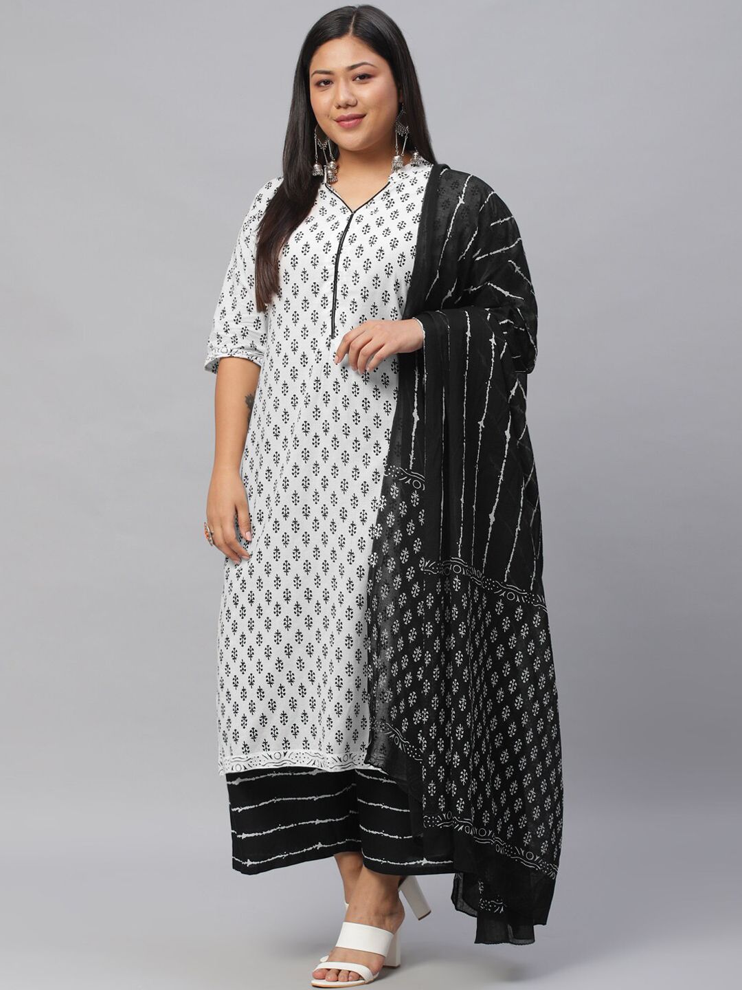 EXTRA LOVE BY LIBAS Plus Size Women White Floral Cotton Kurta with Palazzos & With Dupatta Price in India