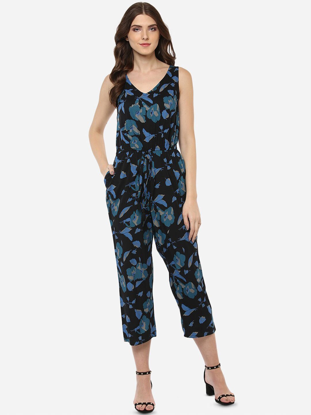 Porsorte Women Black & Blue Printed Capri Jumpsuit Price in India